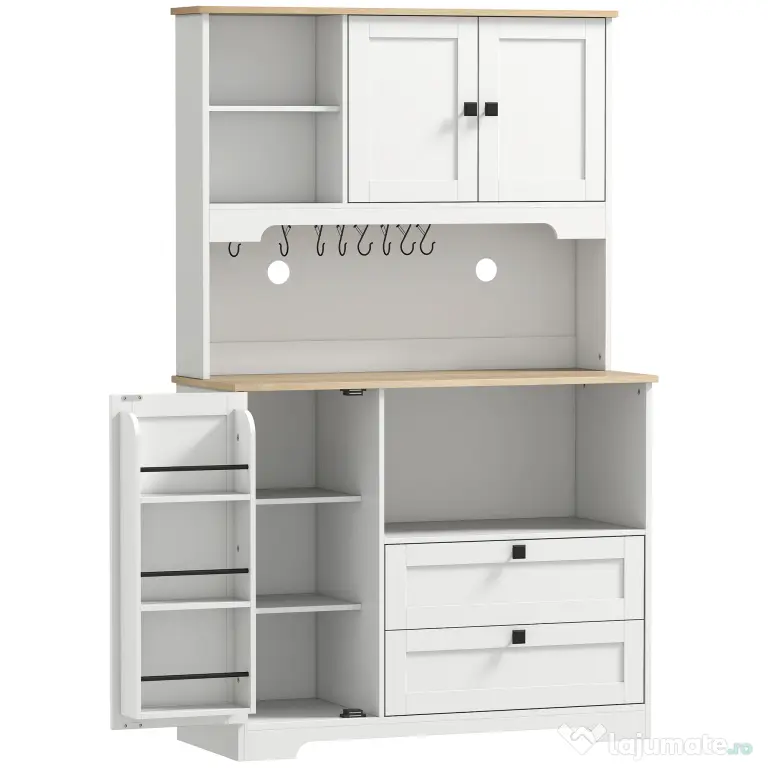 HOMCOM Bufet de Bucătărie Înalt 162 cm, Mobilier de Depozitare cu 2 Dulapuri, 2 Sertare, Suport Condimente, Orificii pentru Cabluri, Rafturi Reglabile, Blat pentru Cuptor cu Microunde, Suporturi pentru Cești, Alb
