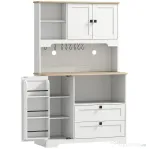 HOMCOM Bufet de Bucătărie Înalt 162 cm, Mobilier de Depozitare cu 2 Dulapuri, 2 Sertare, Suport Condimente, Orificii pentru Cabluri, Rafturi Reglabile, Blat pentru Cuptor cu Microunde, Suporturi pentru Cești, Alb