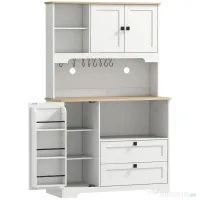 HOMCOM Bufet de Bucătărie Înalt 162 cm, Mobilier de Depozitare cu 2 Dulapuri, 2 Sertare, Suport Condimente, Orificii pentru Cabluri, Rafturi Reglabile, Blat pentru Cuptor cu Microunde, Suporturi pentru Cești, Alb 