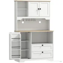 HOMCOM Bufet de Bucătărie Înalt 162 cm, Mobilier de Depozitare cu 2 Dulapuri, 2 Sertare, Suport Condimente, Orificii pentru Cabluri, Rafturi Reglabile, Blat pentru Cuptor cu Microunde, Suporturi pentru Cești, Alb