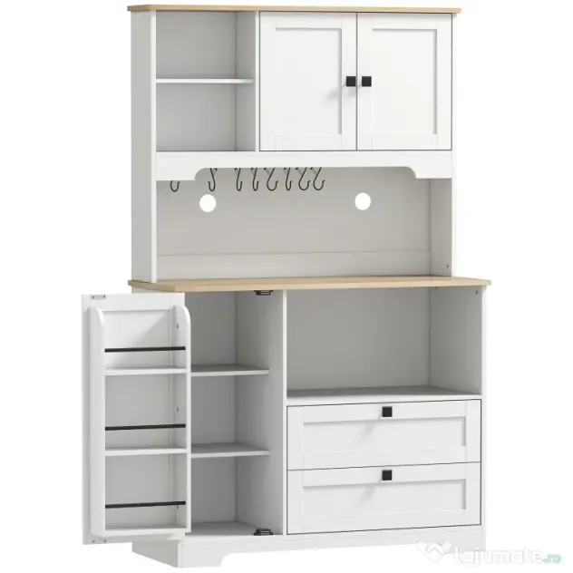 HOMCOM Bufet de Bucătărie Înalt 162 cm, Mobilier de Depozitare cu 2 Dulapuri, 2 Sertare, Suport Condimente, Orificii pentru Cabluri, Rafturi Reglabile, Blat pentru Cuptor cu Microunde, Suporturi pentru Cești, Alb