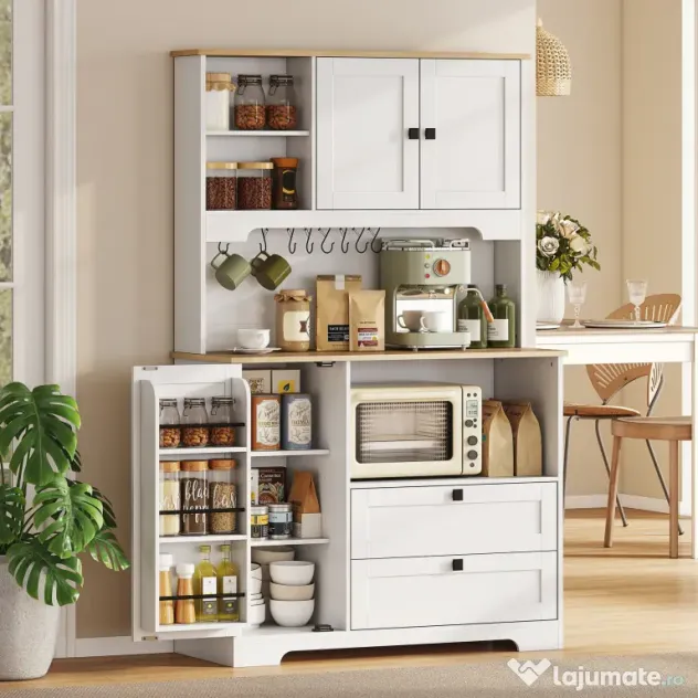 HOMCOM Bufet de Bucătărie Înalt 162 cm, Mobilier de Depozitare cu 2 Dulapuri, 2 Sertare, Suport Condimente, Orificii pentru Cabluri, Rafturi Reglabile, Blat pentru Cuptor cu Microunde, Suporturi pentru Cești, Alb