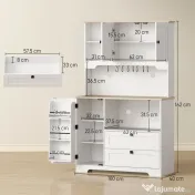 HOMCOM Bufet de Bucătărie Înalt 162 cm, Mobilier de Depozitare cu 2 Dulapuri, 2 Sertare, Suport Condimente, Orificii pentru Cabluri, Rafturi Reglabile, Blat pentru Cuptor cu Microunde, Suporturi pentru Cești, Alb 