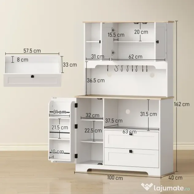 HOMCOM Bufet de Bucătărie Înalt 162 cm, Mobilier de Depozitare cu 2 Dulapuri, 2 Sertare, Suport Condimente, Orificii pentru Cabluri, Rafturi Reglabile, Blat pentru Cuptor cu Microunde, Suporturi pentru Cești, Alb