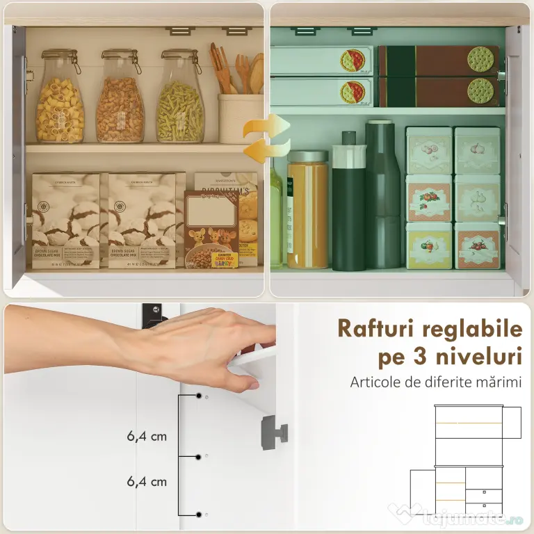 HOMCOM Bufet de Bucătărie Înalt 162 cm, Mobilier de Depozitare cu 2 Dulapuri, 2 Sertare, Suport Condimente, Orificii pentru Cabluri, Rafturi Reglabile, Blat pentru Cuptor cu Microunde, Suporturi pentru Cești, Alb