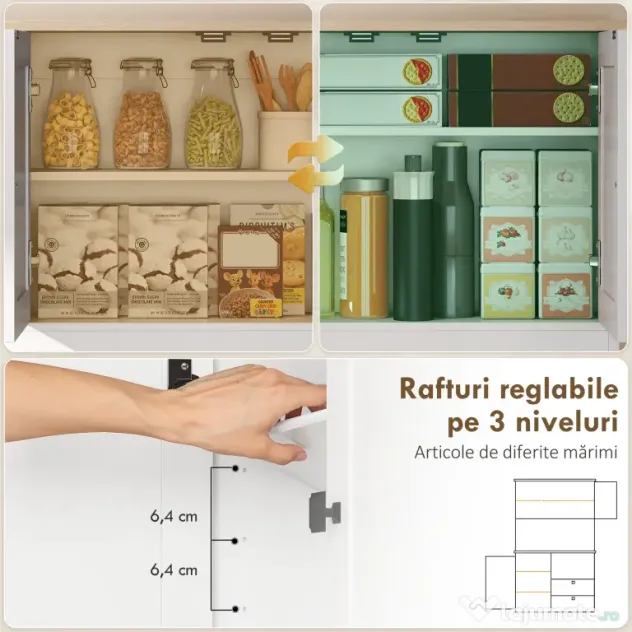 HOMCOM Bufet de Bucătărie Înalt 162 cm, Mobilier de Depozitare cu 2 Dulapuri, 2 Sertare, Suport Condimente, Orificii pentru Cabluri, Rafturi Reglabile, Blat pentru Cuptor cu Microunde, Suporturi pentru Cești, Alb