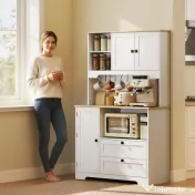 HOMCOM Bufet de Bucătărie Înalt 162 cm, Mobilier de Depozitare cu 2 Dulapuri, 2 Sertare, Suport Condimente, Orificii pentru Cabluri, Rafturi Reglabile, Blat pentru Cuptor cu Microunde, Suporturi pentru Cești, Alb 