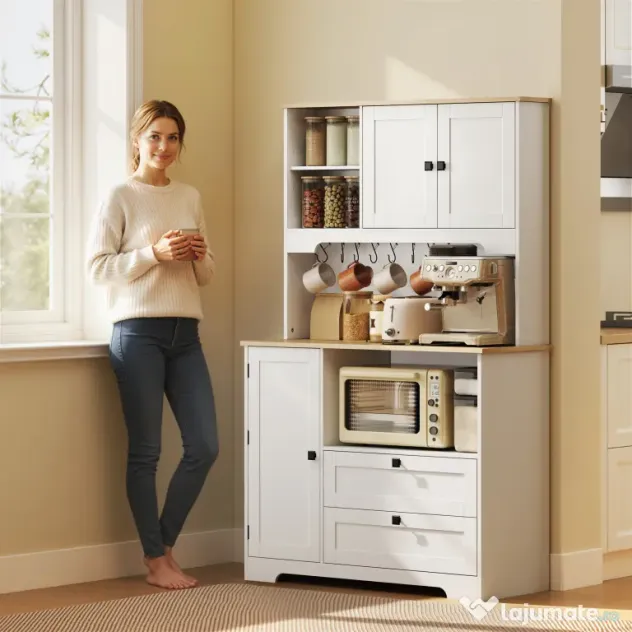 HOMCOM Bufet de Bucătărie Înalt 162 cm, Mobilier de Depozitare cu 2 Dulapuri, 2 Sertare, Suport Condimente, Orificii pentru Cabluri, Rafturi Reglabile, Blat pentru Cuptor cu Microunde, Suporturi pentru Cești, Alb