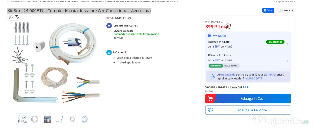 Kit 3m - 24.000BTU- Complet Montaj Instalare Aer Conditionat, Agroclima
