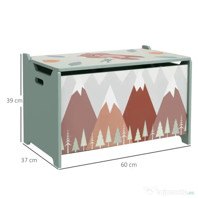 Cufăr de jucării pentru copii ZONEKIZ, ladă din lemn MDF cu capac și balama de siguranță, 60x37x39cm, de culoare verde