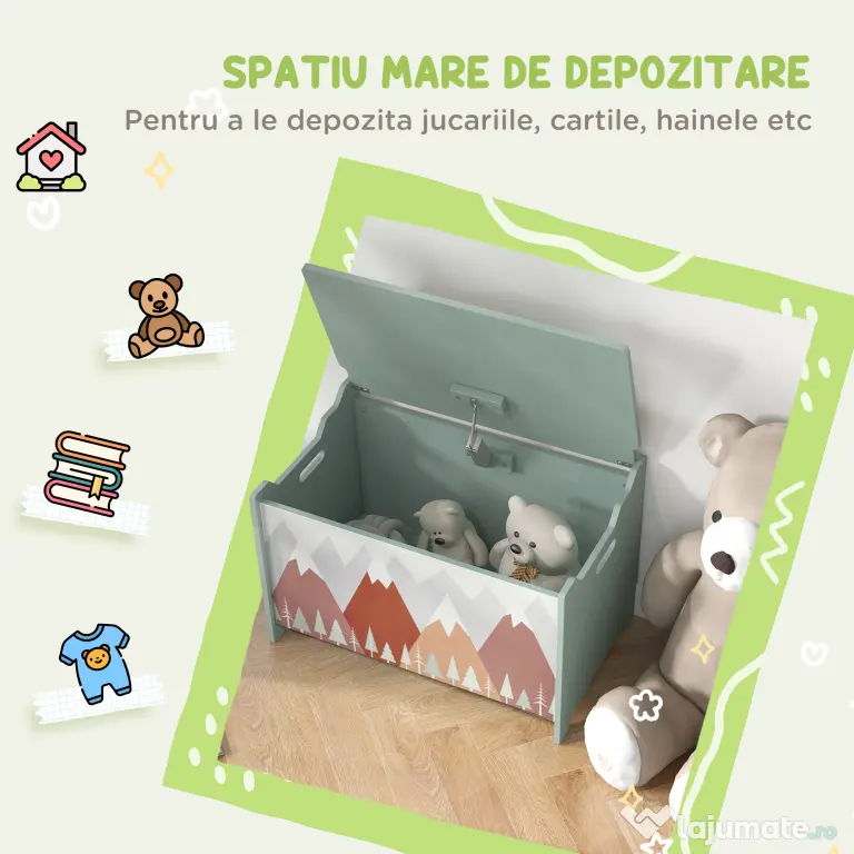 Cufăr de jucării pentru copii ZONEKIZ, ladă din lemn MDF cu capac și balama de siguranță, 60x37x39cm, de culoare verde