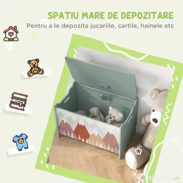 Cufăr de jucării pentru copii ZONEKIZ, ladă din lemn MDF cu capac și balama de siguranță, 60x37x39cm, de culoare verde