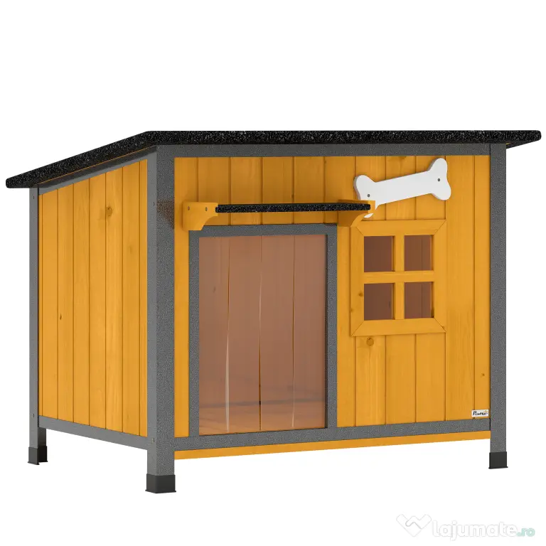 PawHut Cușcă pentru câini de exterior din lemn și oțel rezistent la mușcături, cu acoperiș rabatabil și perdea pentru ușă, galben