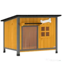 PawHut Cușcă pentru câini de exterior din lemn și oțel rezistent la mușcături, cu acoperiș rabatabil și perdea pentru ușă, galben