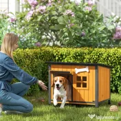 PawHut Cușcă pentru câini de exterior din lemn și oțel rezistent la mușcături, cu acoperiș rabatabil și perdea pentru ușă, galben