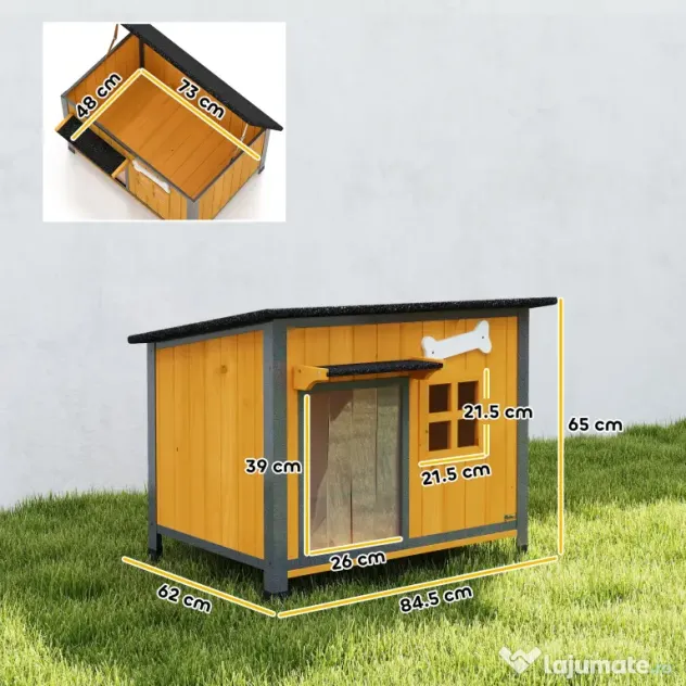 PawHut Cușcă pentru câini de exterior din lemn și oțel rezistent la mușcături, cu acoperiș rabatabil și perdea pentru ușă, galben
