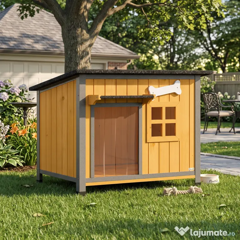 PawHut Cușcă pentru câini de exterior din lemn și oțel rezistent la mușcături, cu acoperiș rabatabil și perdea pentru ușă, galben