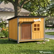 PawHut Cușcă pentru câini de exterior din lemn și oțel rezistent la mușcături, cu acoperiș rabatabil și perdea pentru ușă, galben