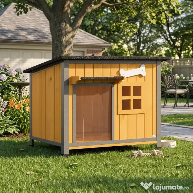 PawHut Cușcă pentru câini de exterior din lemn și oțel rezistent la mușcături, cu acoperiș rabatabil și perdea pentru ușă, galben