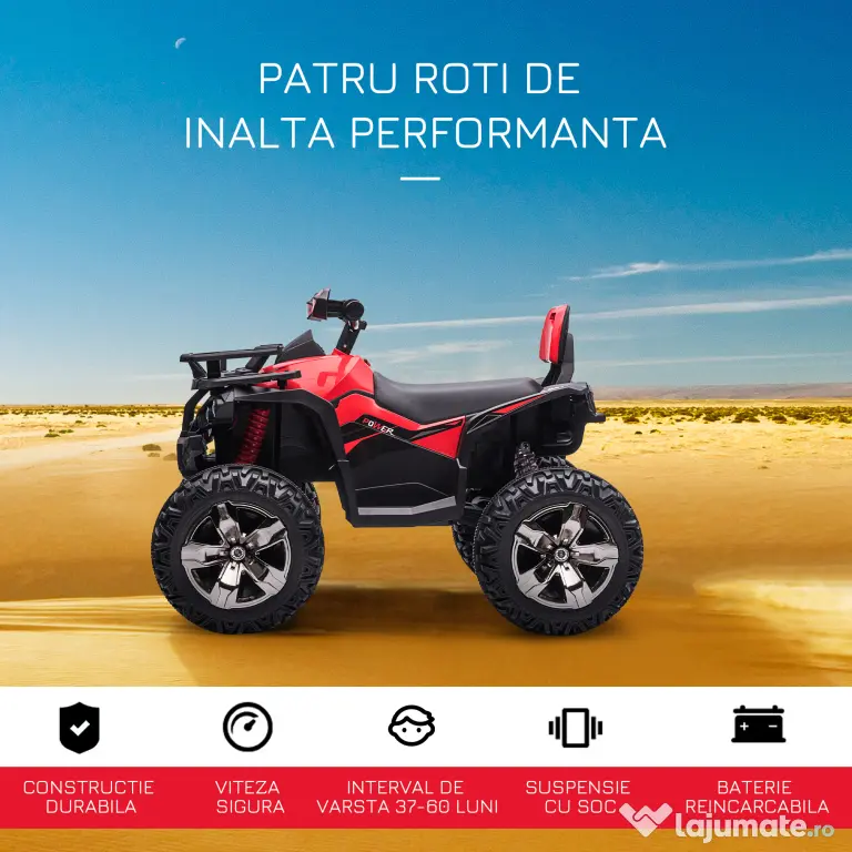 HOMCOM ATV Electric pentru Copii 12V, cu Faruri LED, Sunete și Pedală de Accelerație, Vârsta 3-5 Ani, Roșu