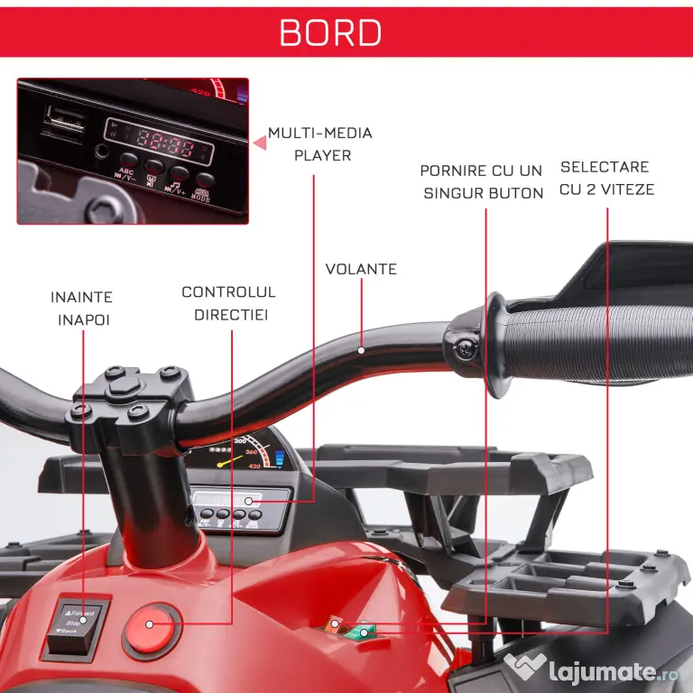 HOMCOM ATV Electric pentru Copii 12V, cu Faruri LED, Sunete și Pedală de Accelerație, Vârsta 3-5 Ani, Roșu