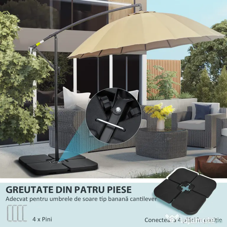 Outsunny Bază pentru Umbrelă, Set 4 Bucăți din HDPE, Umplută cu Apă sau Nisip, 104x104x7.5 cm, Neagră