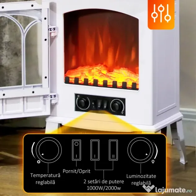 HOMCOM Șemineu Electric de Podea, Putere 1000W / 2000W, cu Efect de Flacără Reglabil, 39x23x56,5cm, Alb