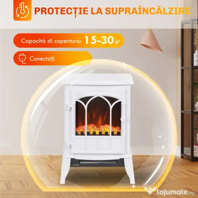 HOMCOM Șemineu Electric de Podea, Putere 1000W / 2000W, cu Efect de Flacără Reglabil, 39x23x56,5cm, Alb