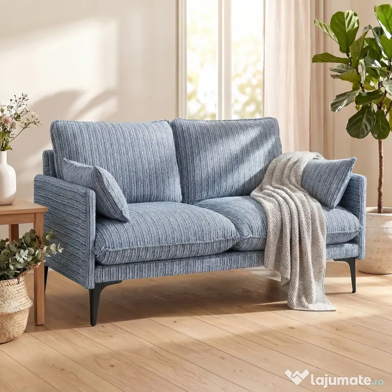 HOMCOM Canapea 2 locuri din material respirabil cu perne groase, 2 perne, cotiere, pentru living, Albastru