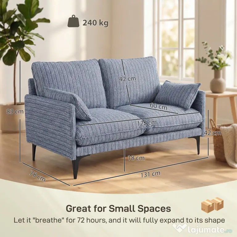 HOMCOM Canapea 2 locuri din material respirabil cu perne groase, 2 perne, cotiere, pentru living, Albastru