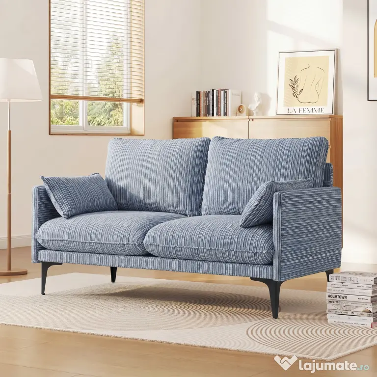 HOMCOM Canapea 2 locuri din material respirabil cu perne groase, 2 perne, cotiere, pentru living, Albastru