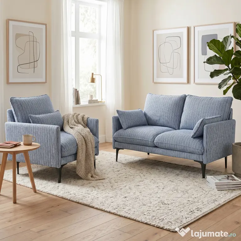 HOMCOM Canapea 2 locuri din material respirabil cu perne groase, 2 perne, cotiere, pentru living, Albastru