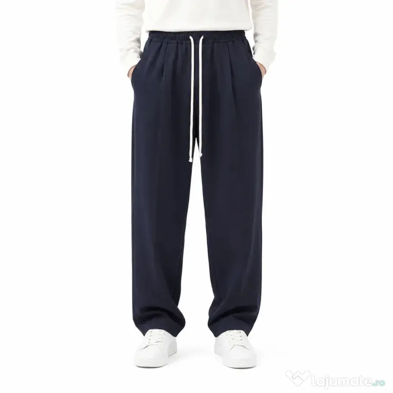 Pantaloni Lungi Largi Bărbați Bleumarin cu Șnur Lung și Buzunar la Spate