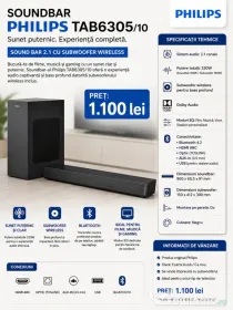 Soundbar philips 2.1 cu subwoofer