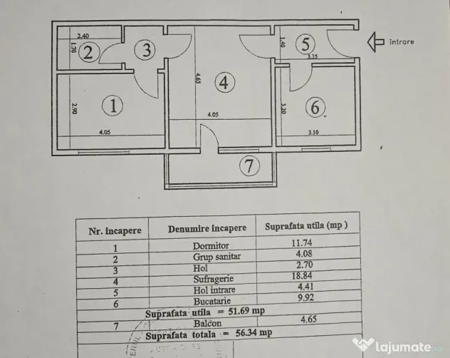 Apartament 2 camere, 56,34 mp, parter, Vișoi 3 – centrală, balcon