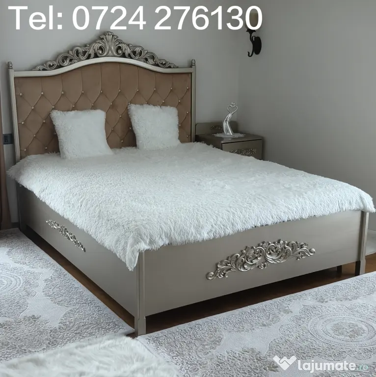 Vând set mobilier dormitor König - lemn sculptat - culoare Platină
