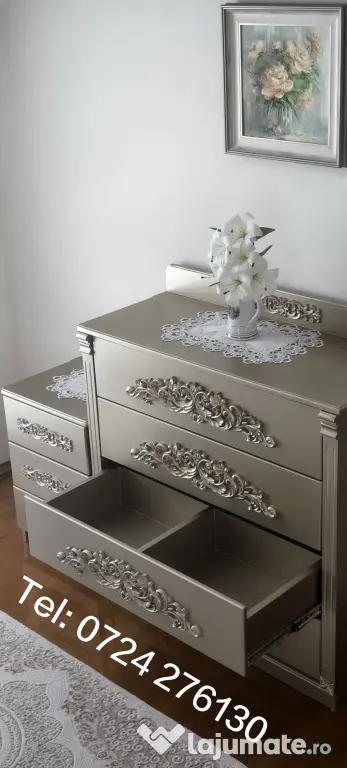Vând set mobilier dormitor König - lemn sculptat - culoare Platină