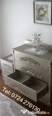Vând set mobilier dormitor König - lemn sculptat - culoare Platină 