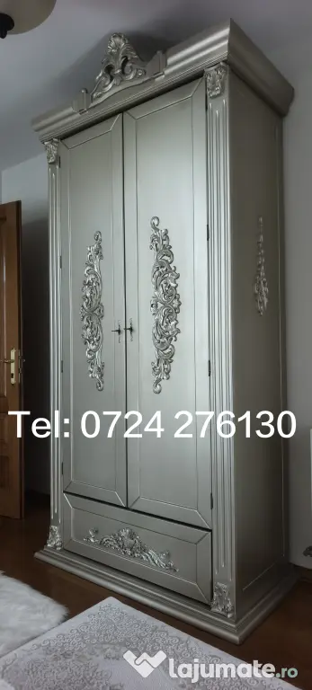 Vând set mobilier dormitor König - lemn sculptat - culoare Platină