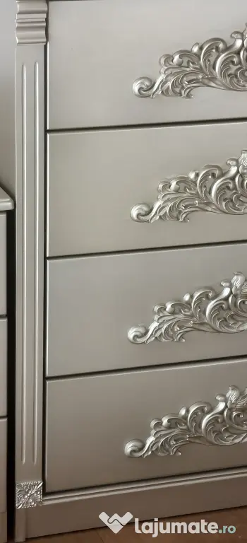 Vând set mobilier dormitor König - lemn sculptat - culoare Platină