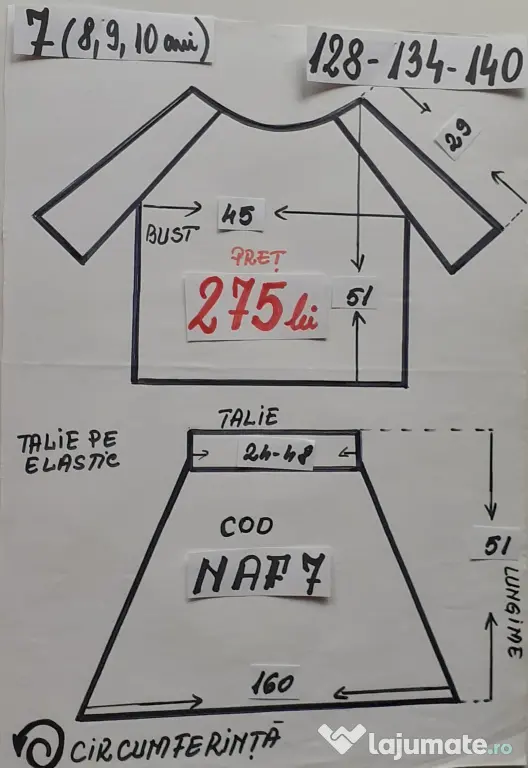 Costum popular pentru copii 8-9-10-11-12-13 ani,275 lei