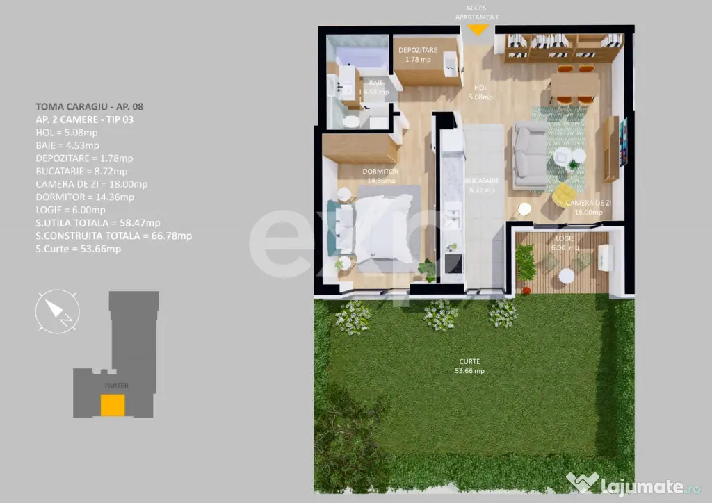 Apartament 2 camere | Parter | Curte proprie 53,66 mp | Pipe - Voluntari (Bucuresti-Ilfov)