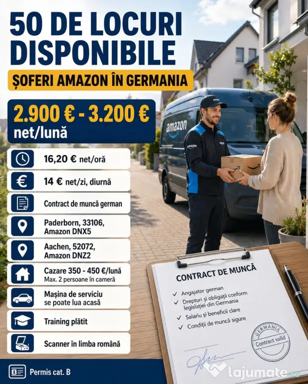 URGENT! Cautam Soferi Cat.B Germania-Amazon > 2900-3200 € NET +Cazare +Transport