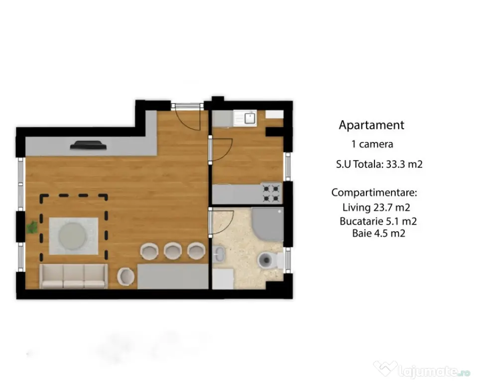 Apartament 1 camera, 33 mp, decomandat, Zona Eroilor - Floresti (Cluj)