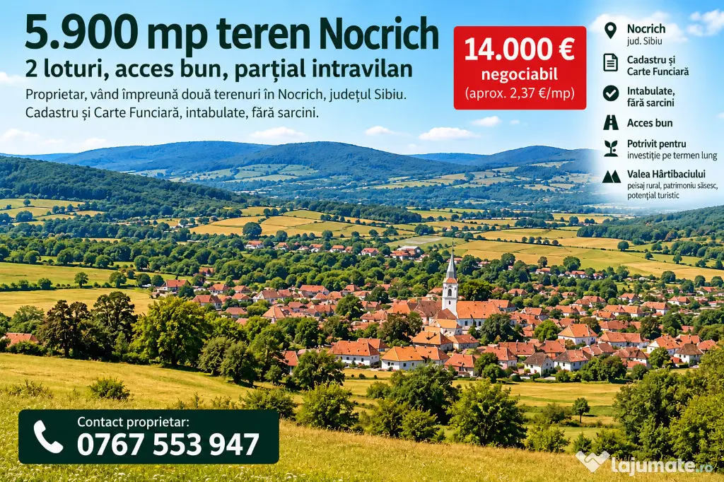 5.900 mp teren Nocrich – 2 loturi, acces bun, parțial intravilan - Nocrich (Sibiu)