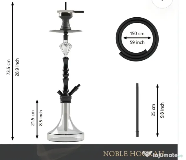 Set complet de shisha hookah XL, sticlă transparentă și inălțimea de 73,5 cm.