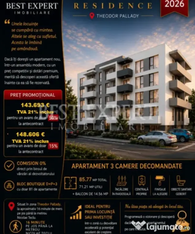 3 Camere | Bloc Nou | Parcare Bonus| avans 50%| Direct Dezvo - Bucuresti (Bucuresti-Ilfov)
