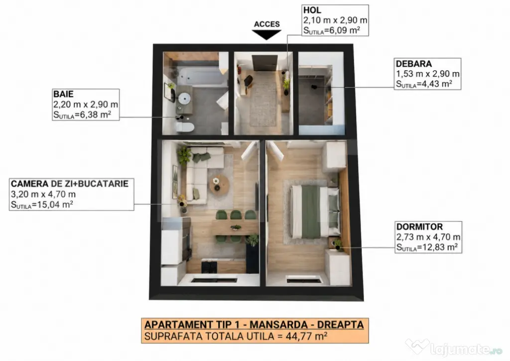 Apartament cu 2 camere, 44,77 mp utili - Apahida (Cluj)