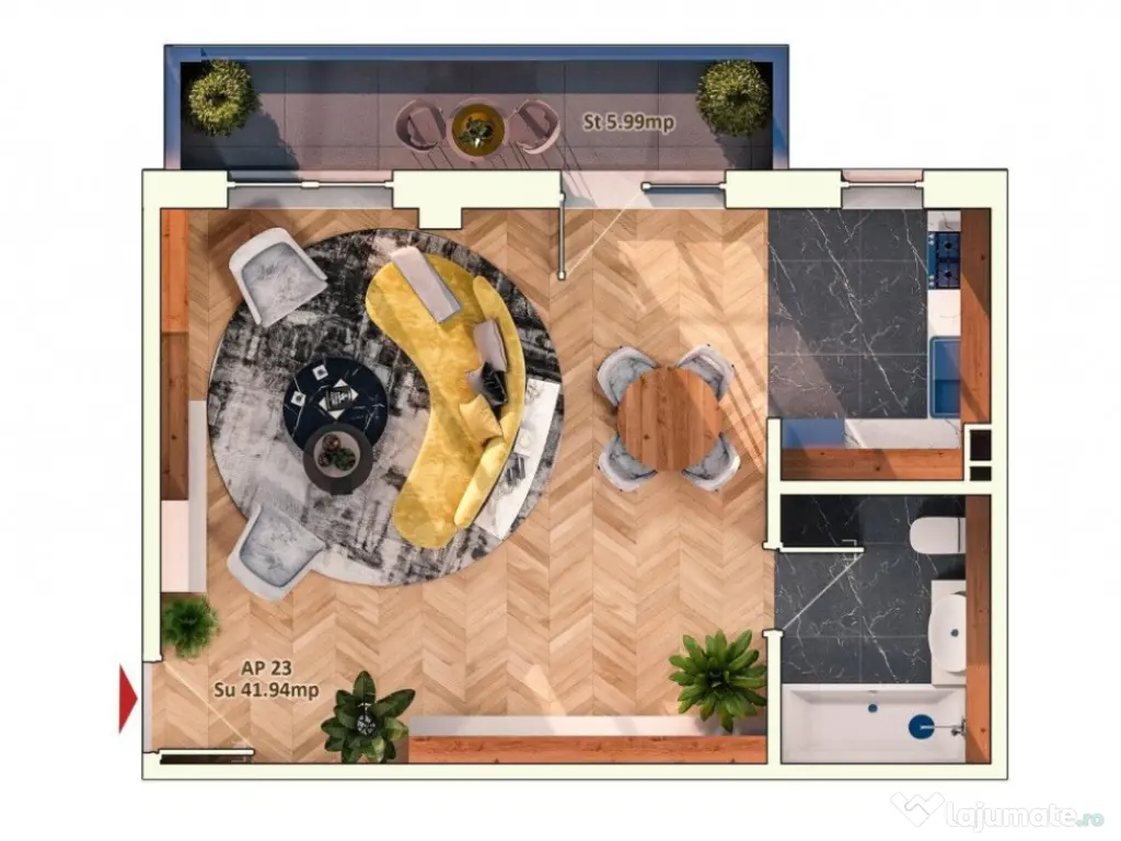 Garsoniera de 41.5 mp, 6 mp balcon, parcare subterana, zona