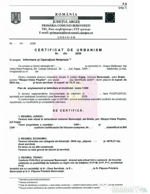 BEREVOIESTI (AG) SE VINDE TEREN 834 MP IN zona Pastravari...